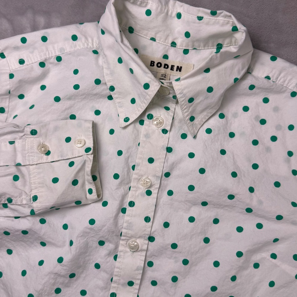 Boden Polka Dot‎ Cotton Button Down Shirt Womens Size 4P White Green T1431
